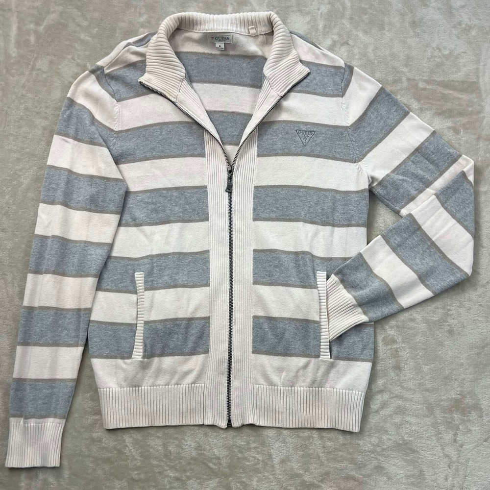 Guess Mens Full Zip Striped Knit Sweater Grey Cream Mock Neck X33R03Z0S80 Size M